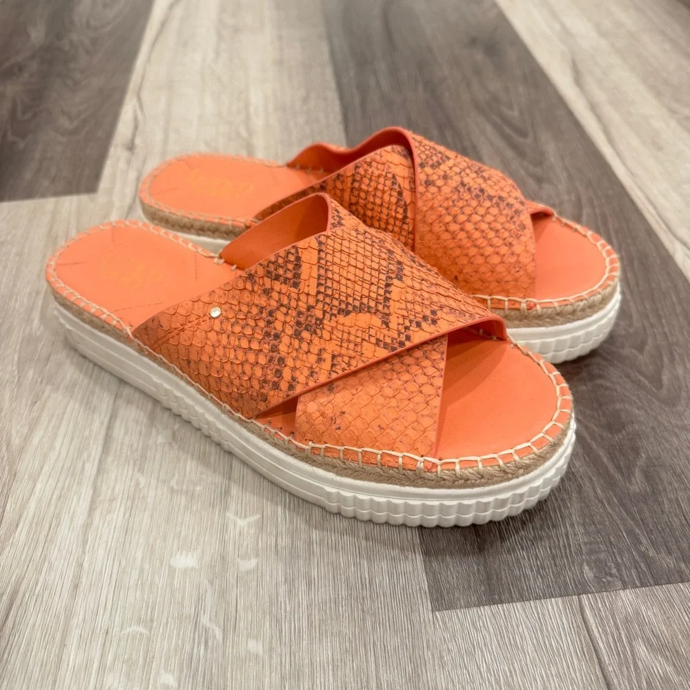 Franco Sarto Birch Slide Sandals Womens 10M Leather Espadrille Snakeskin Chunky